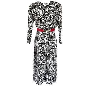 Vintage 80s black & white military button long sleeve leaf print silky dress